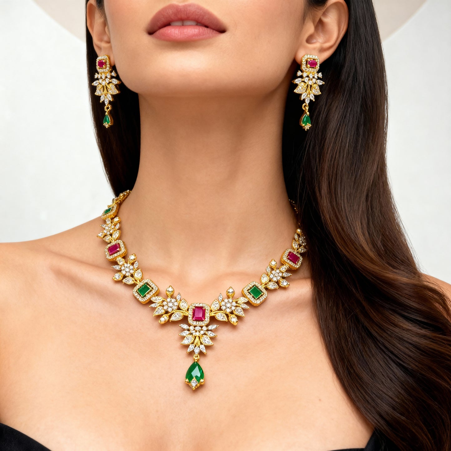 Gold Plated AD Multicolor Stone Floral Necklace Set with Earrings