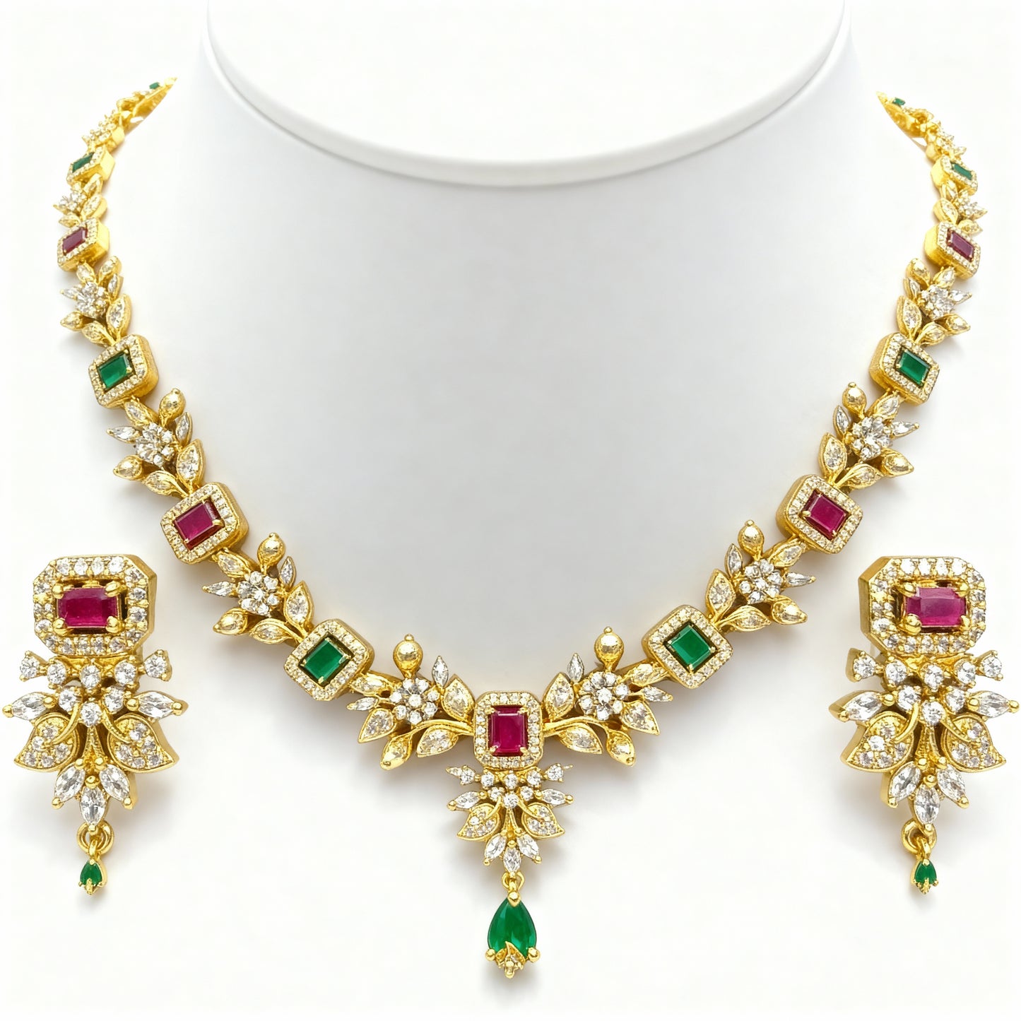 Gold Plated AD Multicolor Stone Floral Necklace Set with Earrings