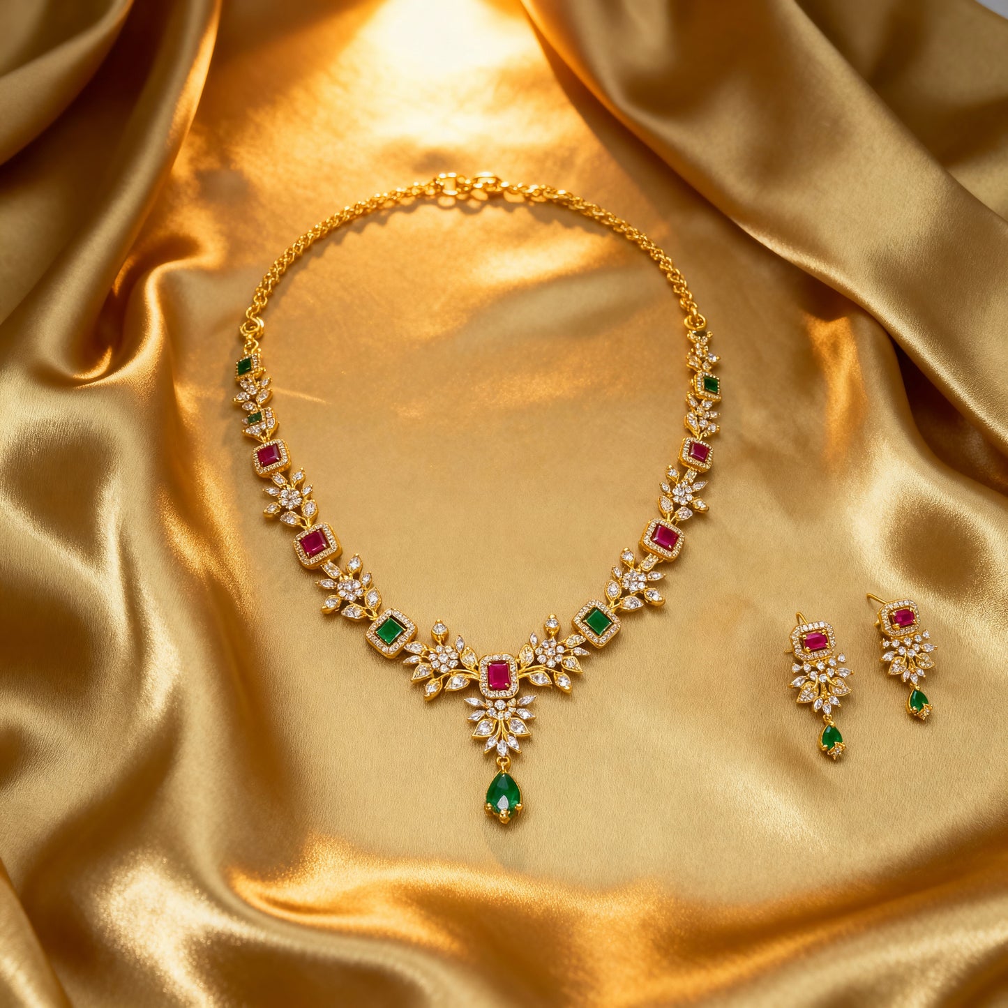 Gold Plated AD Multicolor Stone Floral Necklace Set with Earrings