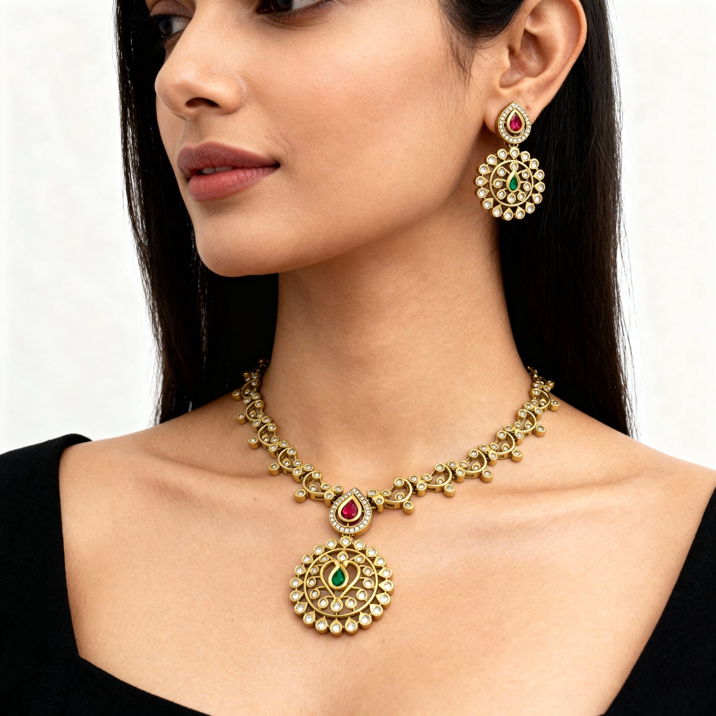 Tantaaz Green & Pink Victorian Necklace Set with Earrings