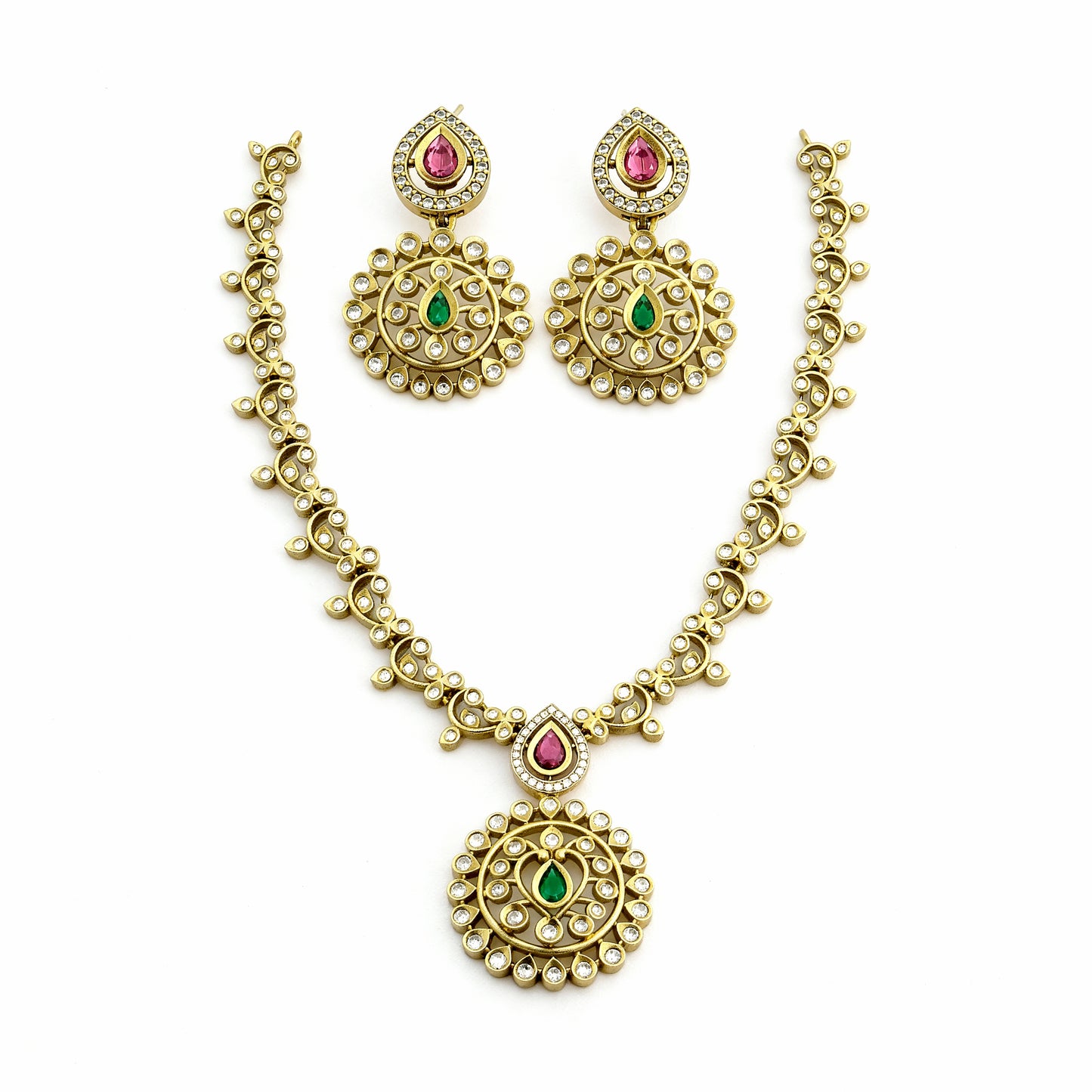 Tantaaz Green & Pink Victorian Necklace Set with Earrings