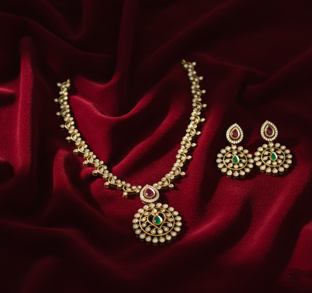 Tantaaz Green & Pink Victorian Necklace Set with Earrings