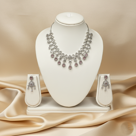 Silver Plated American Diamond Necklace Set (Pink)