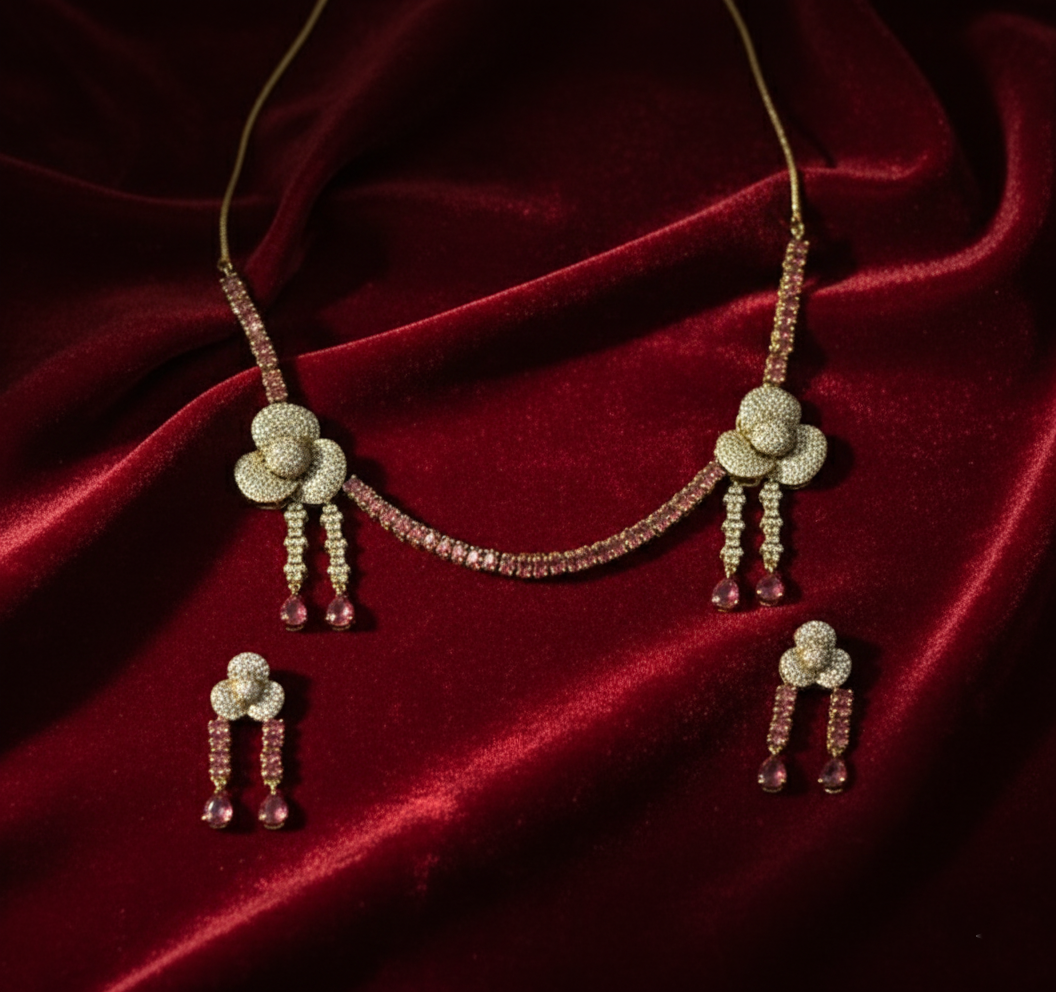 Ruby Pink Floral Victorian Diamond Necklace with Earrings