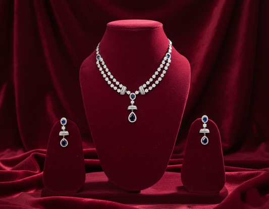 American Diamond Silver Plated Necklace Set - Blue