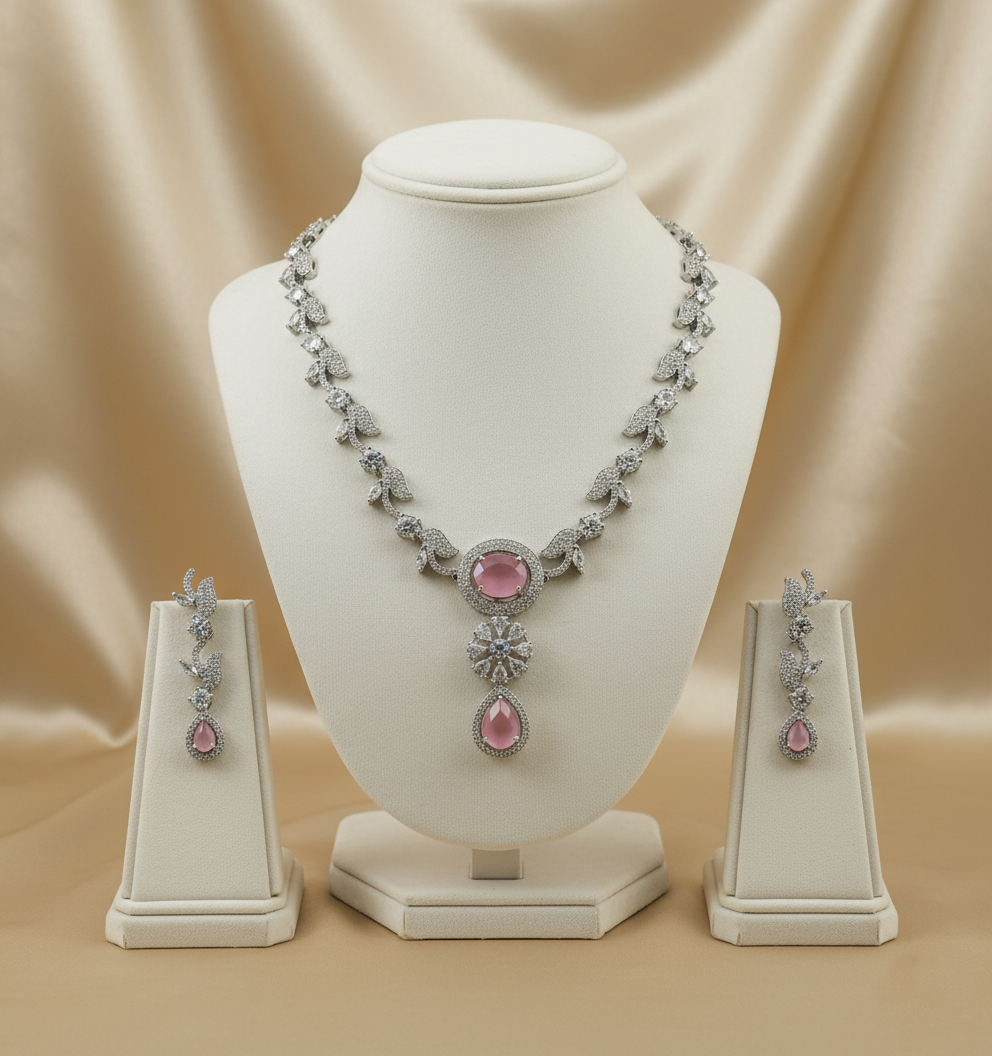 Pink American Diamond Necklace Set with Earrings (Silver-Plated)