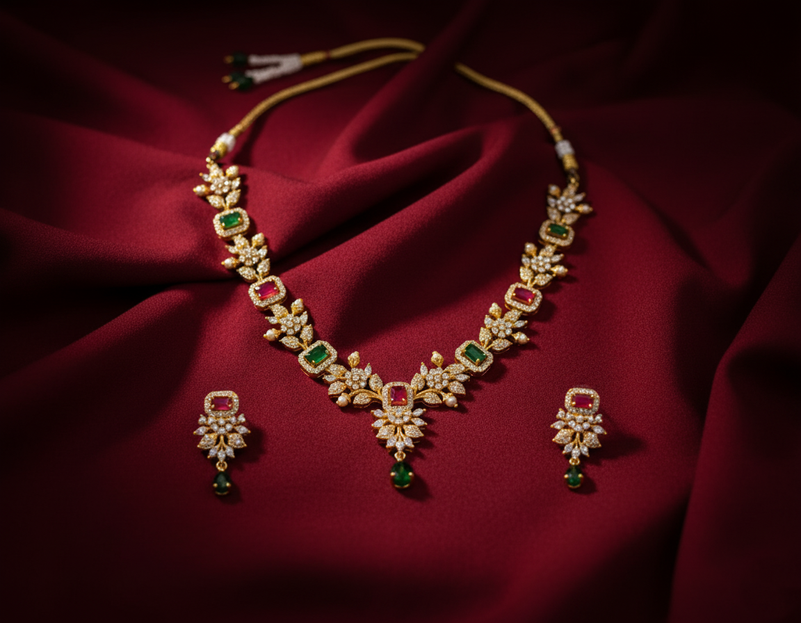 Gold Plated AD Multicolor Stone Floral Necklace Set with Earrings