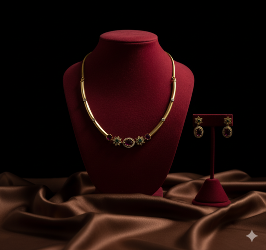 Tantaaz Green & Pink Ruby Stone Hasli Necklace Set