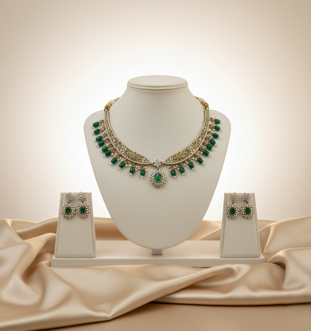 Tantaaz Elegant Green Beads & Stone Necklace Set with Earrings