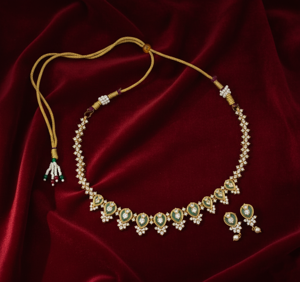 Tantaaz Pastel Green Victorian Diamond Necklace with Earrings