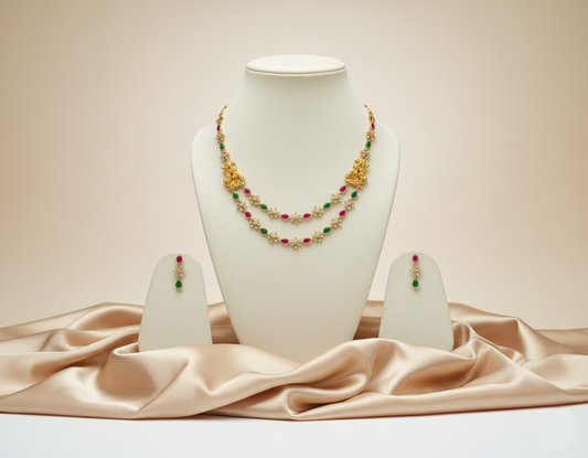 Elegant AD Stone Floral Double Layer Necklace with Earrings