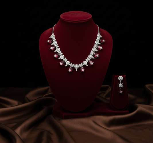 Silver-Plated Red American Diamond Studded Jewellery Set