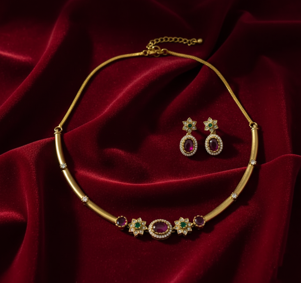 Tantaaz Green & Pink Ruby Stone Hasli Necklace Set