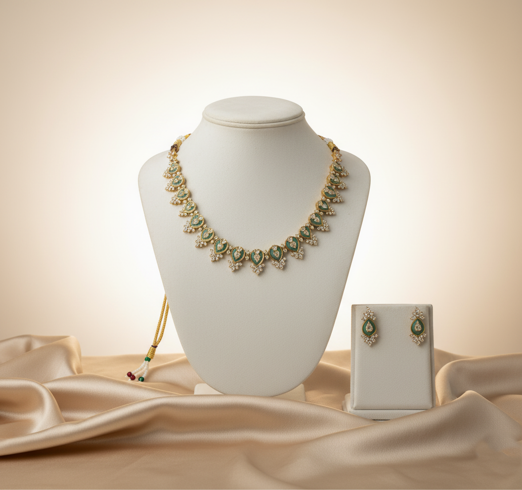 Tantaaz Pastel Green Victorian Diamond Necklace with Earrings
