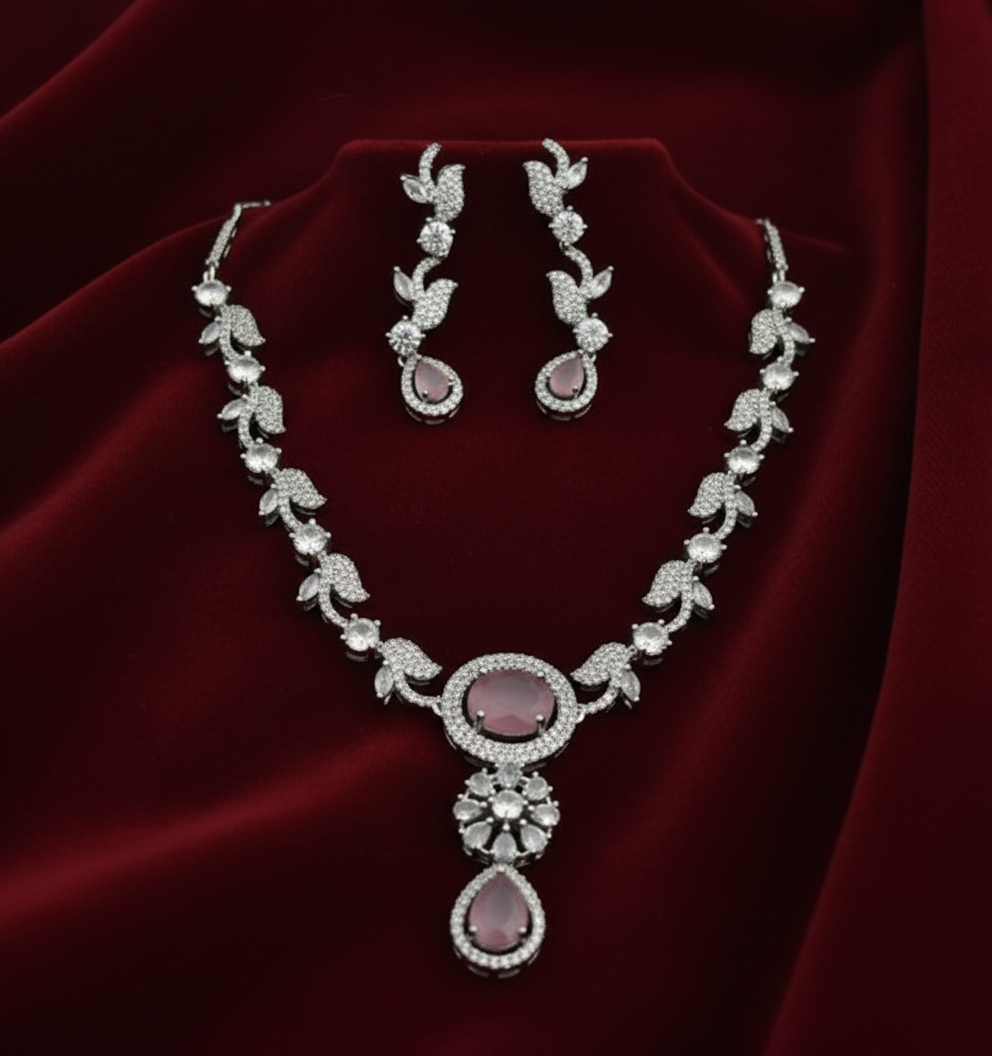 Pink American Diamond Necklace Set with Earrings (Silver-Plated)