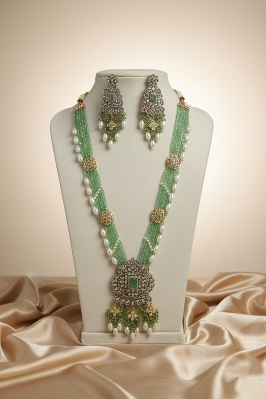 Victorian Rich Green Beads & White Pearl Haar with Earring