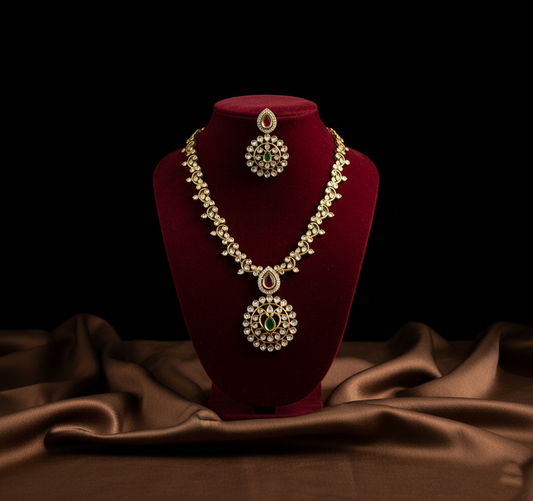 Tantaaz Green & Pink Victorian Necklace Set with Earrings