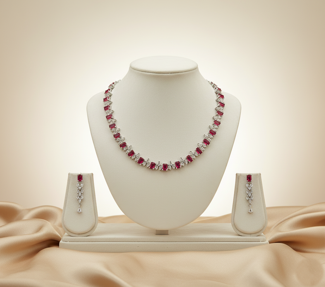 Enchanting Silver Plated Red & Multicolour AD Necklace Set