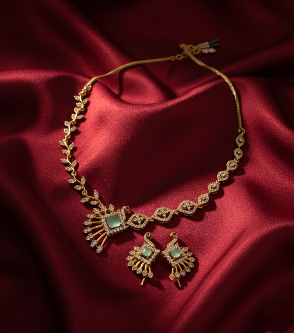 Tantaaz Mint Green American Diamond Necklace Set with Earrings