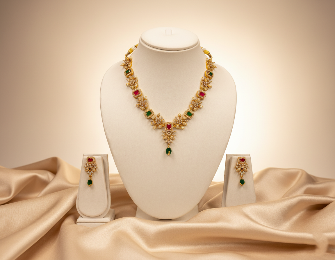 Gold Plated AD Multicolor Stone Floral Necklace Set with Earrings