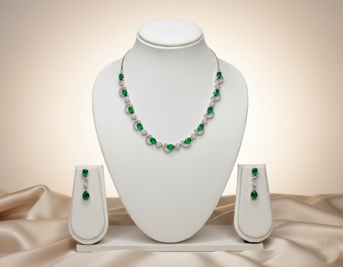 Tantaaz Luxury Green American Diamond Necklace Set (Silver-Plated)