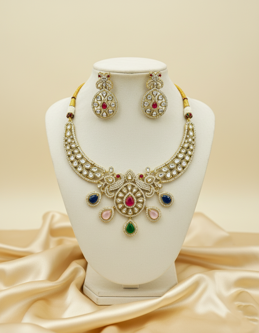 Traditional Kundan Polki Necklace Set with Multicolour Stones