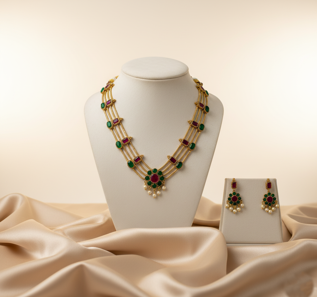 Tantaaz Multi-Color Gold Plated Choker Necklace Set (Kerala Style)