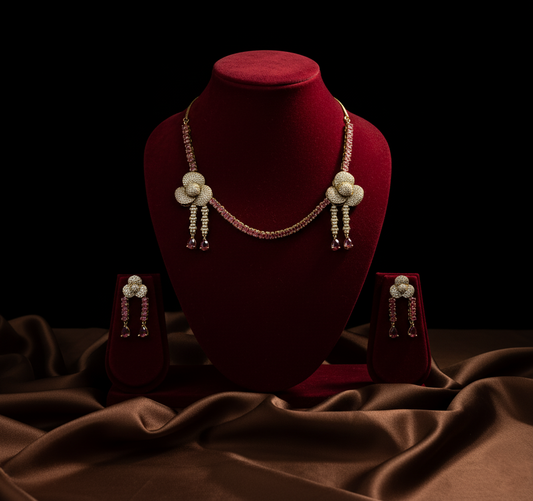Ruby Pink Floral Victorian Diamond Necklace with Earrings