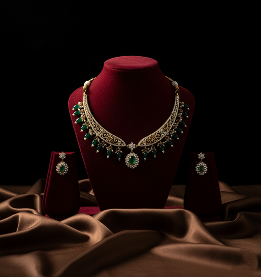 Tantaaz Elegant Green Beads & Stone Necklace Set with Earrings