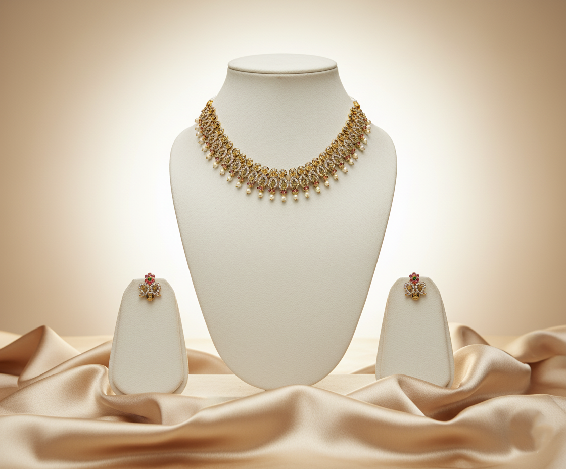 Tantaaz Temple AD Stone Necklace Set with Earrings