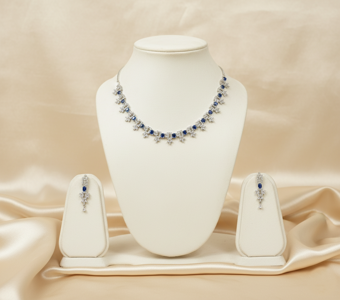 Luxury Blue American Diamond Necklace Set (Silver-Plated)