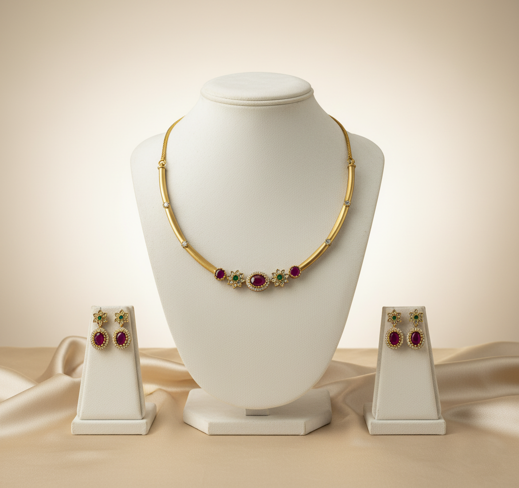 Tantaaz Green & Pink Ruby Stone Hasli Necklace Set