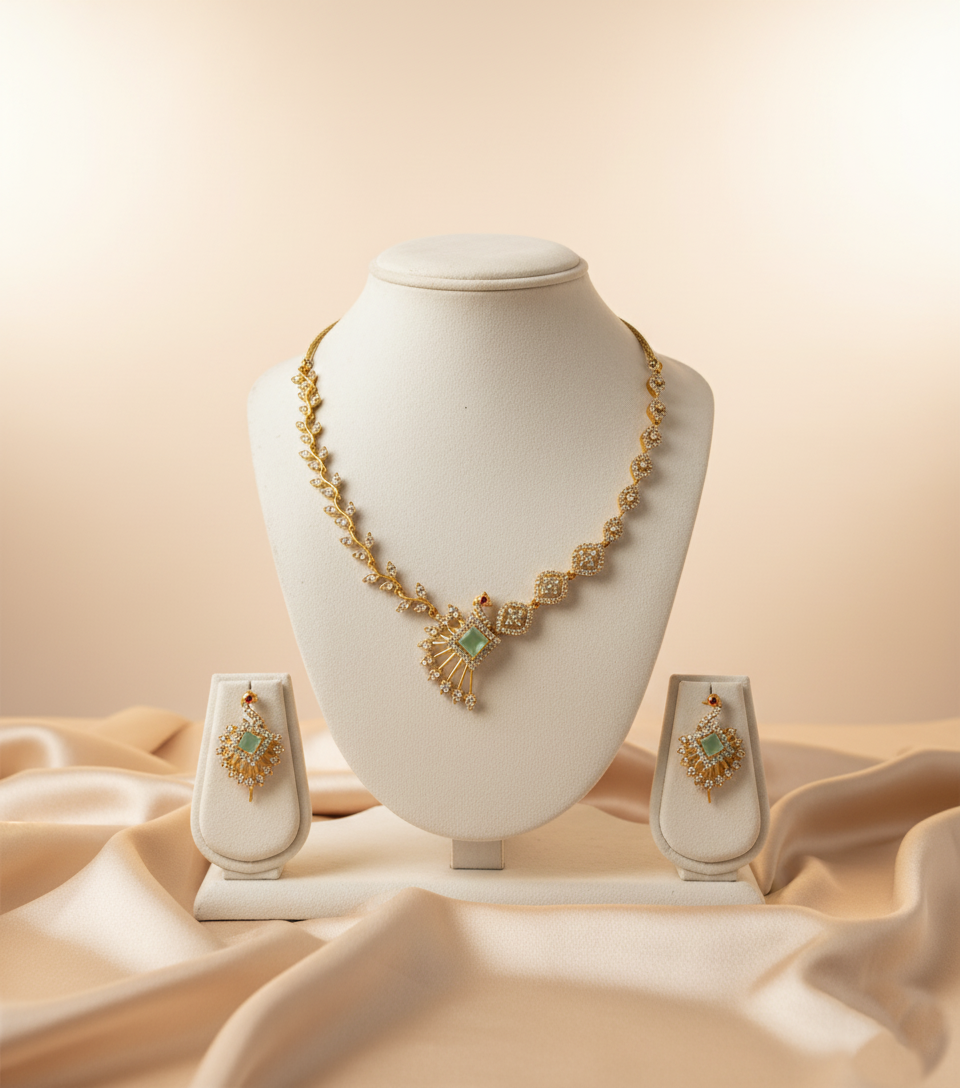 Tantaaz Mint Green American Diamond Necklace Set with Earrings