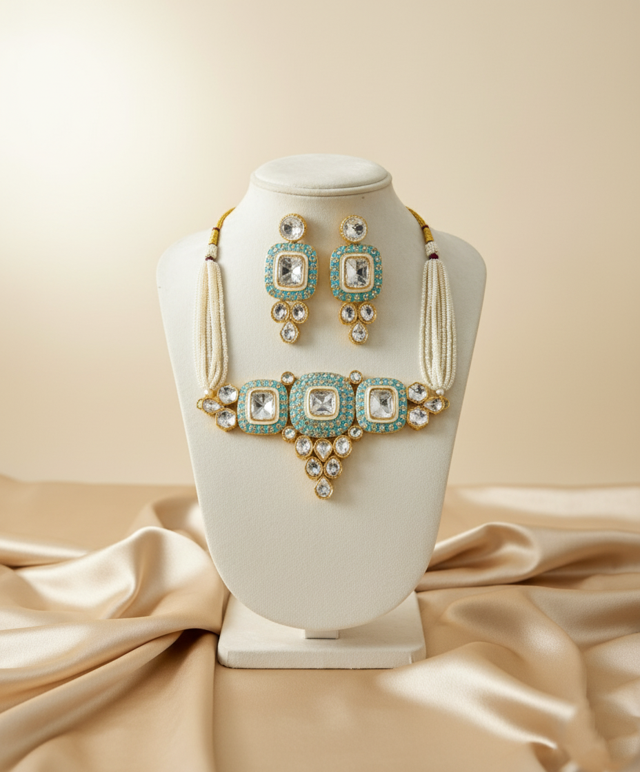 Tantaaz Traditional Kundan Green Gold Plated Choker Set