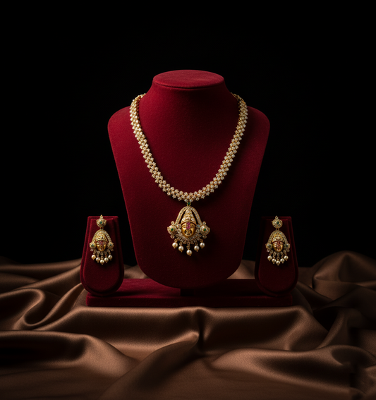 Antique Gold Finish Zercon Stone Lakshmi Necklace Set