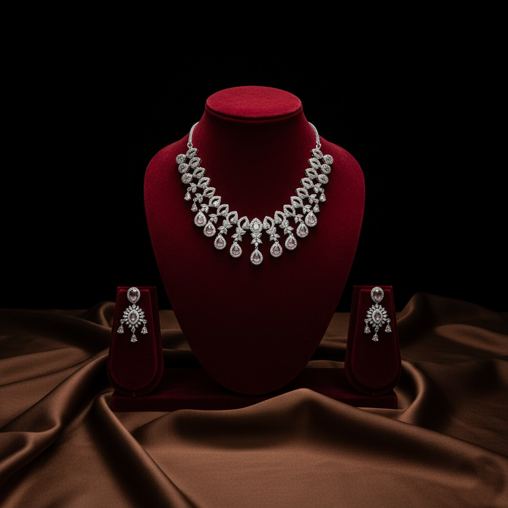 Silver Plated American Diamond Necklace Set (Pink)