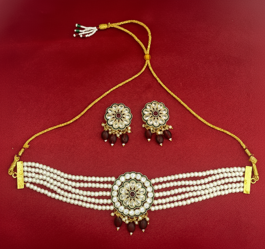 Pearl and Kundan Choker Necklace Set (Maroon)
