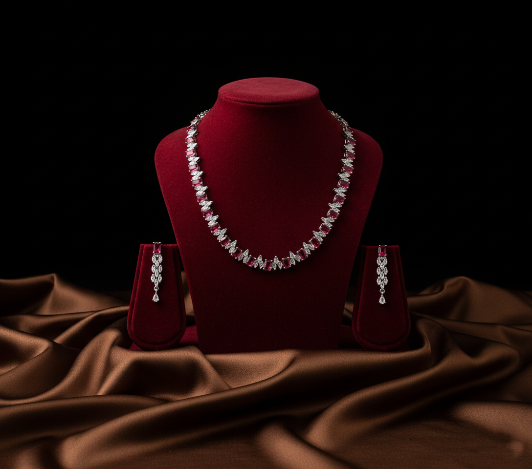 Enchanting Silver Plated Red & Multicolour AD Necklace Set