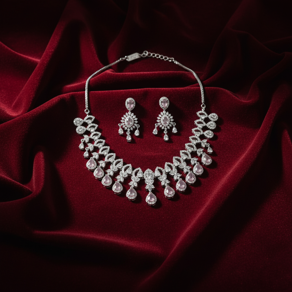 Silver Plated American Diamond Necklace Set (Pink)