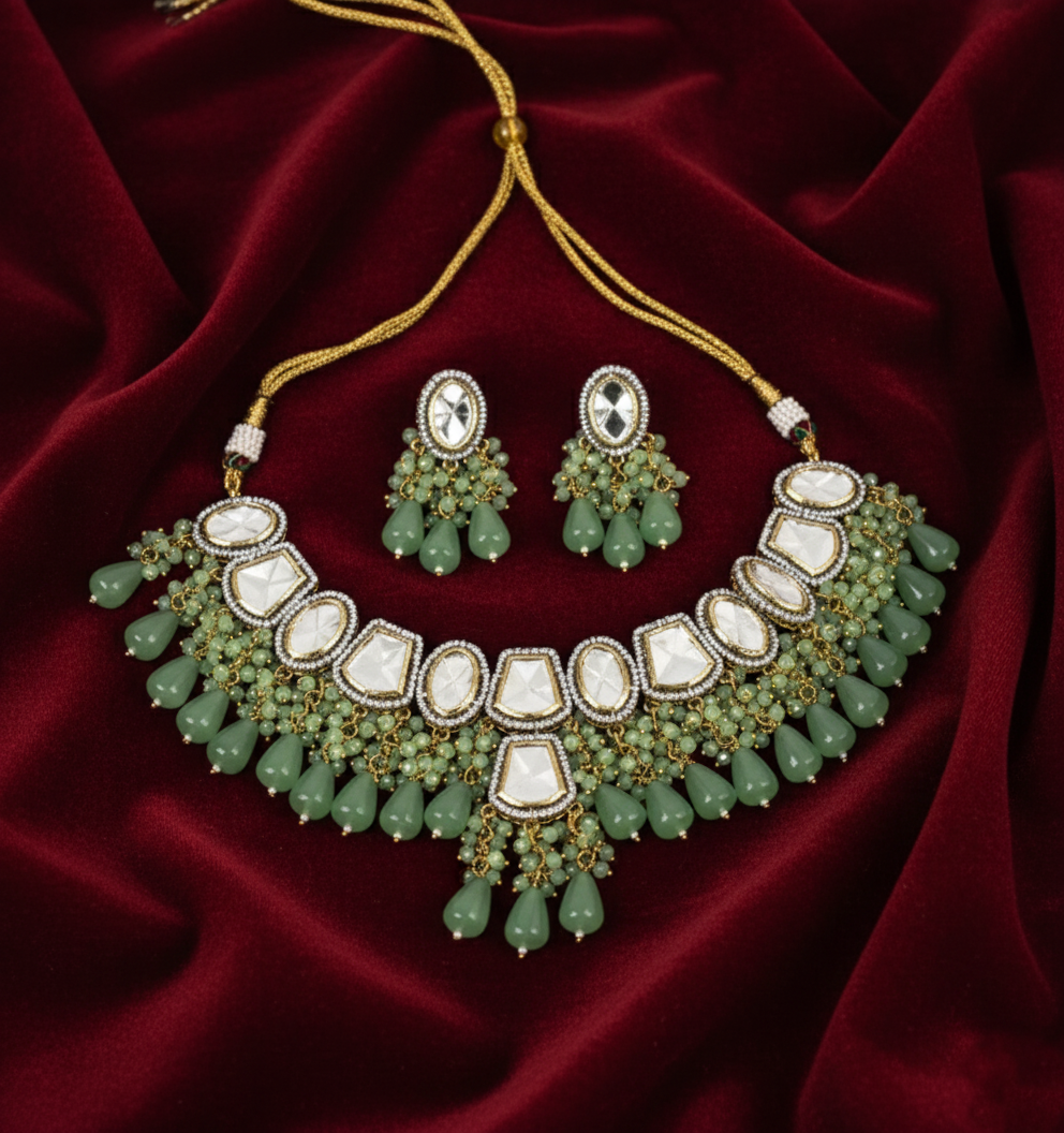 Premium Wedding Wear Green Polki Kundan Choker Necklace