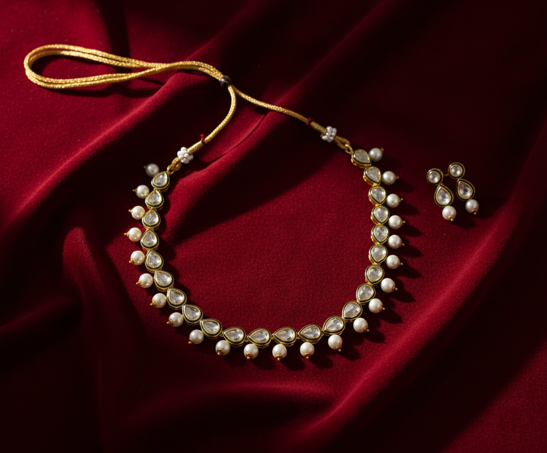 Brass AD Kundan Choker Necklace with Earrings