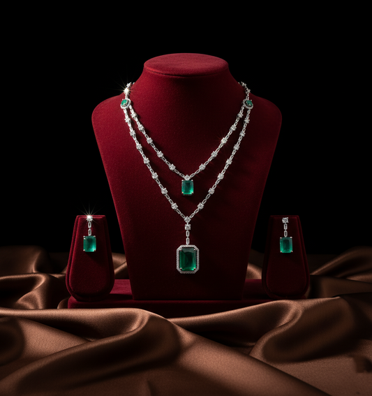 Silver Plated Green & Blue American Diamond Necklace Set