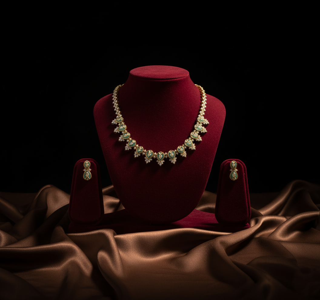 Tantaaz Pastel Green Victorian Diamond Necklace with Earrings