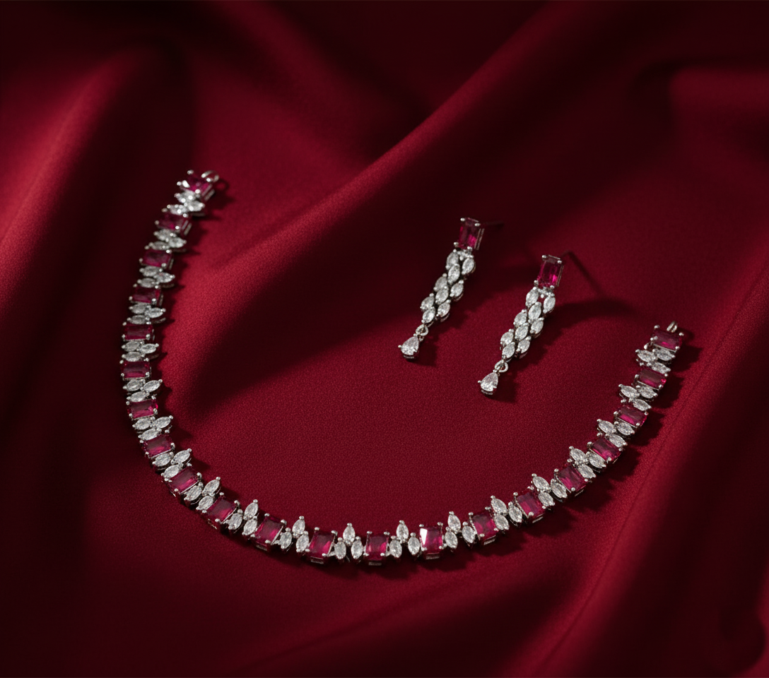 Enchanting Silver Plated Red & Multicolour AD Necklace Set