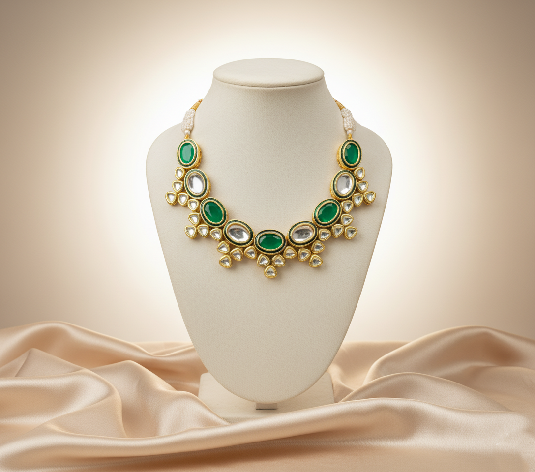 Green Kundan Polki Necklace Set with Earrings