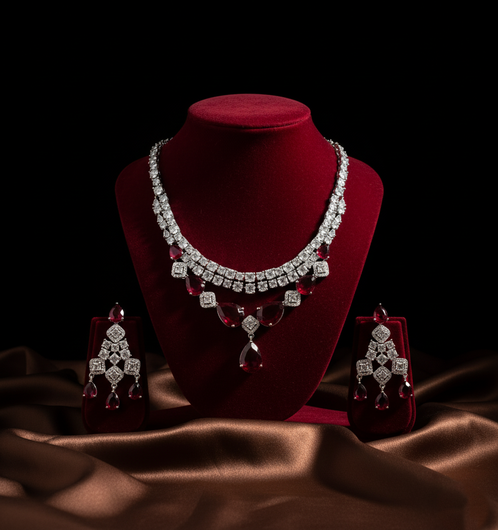 White Finish Red Stone Layered Necklace Set