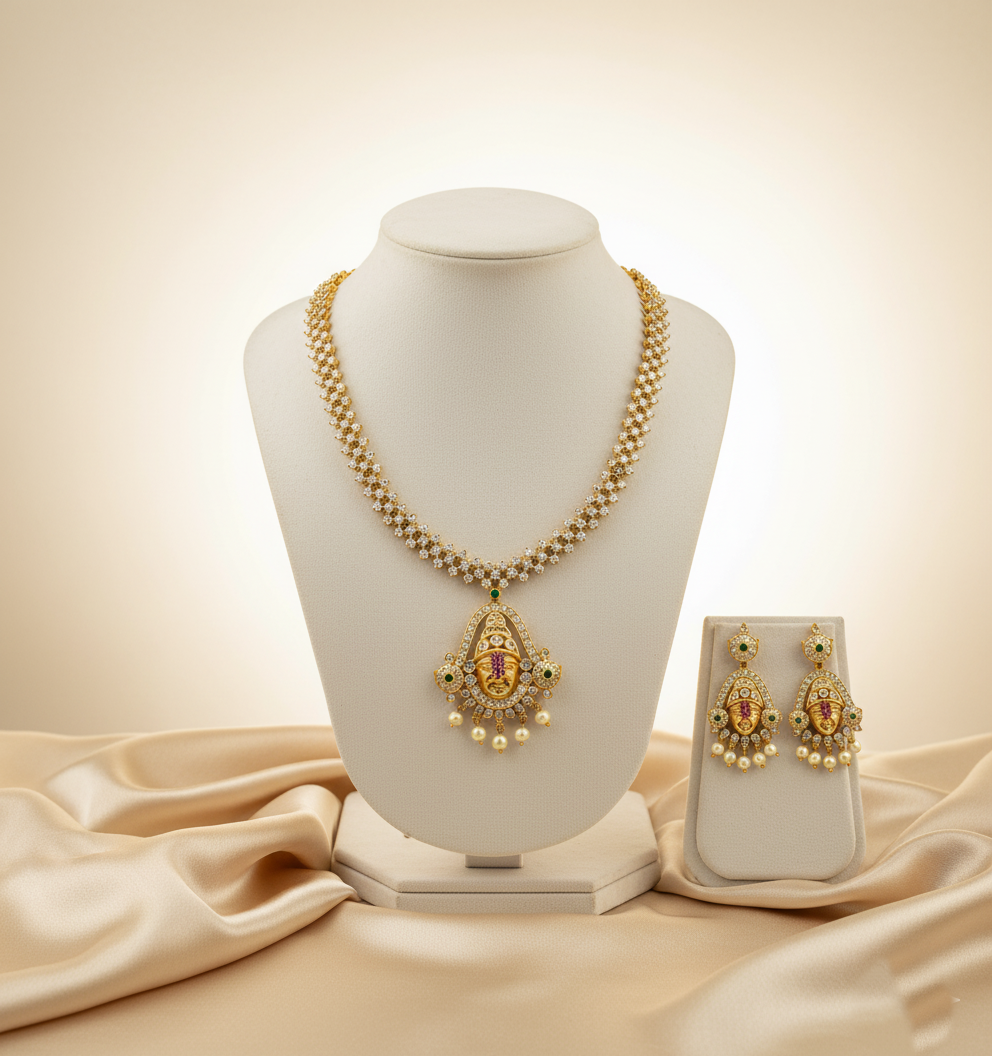 Antique Gold Finish Zercon Stone Lakshmi Necklace Set