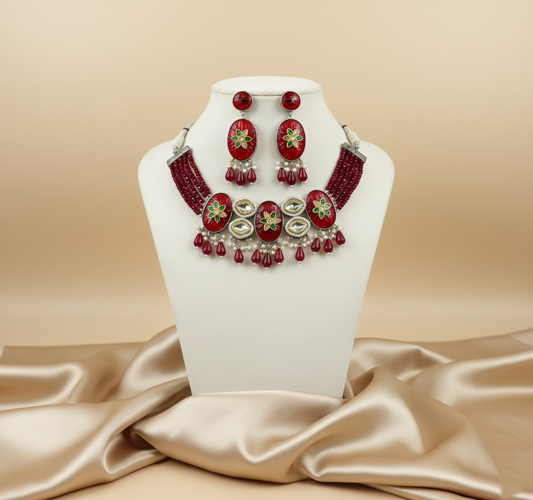 Tantaaz Maroon Polki Kundan Silver & Gold Plated Choker Necklace