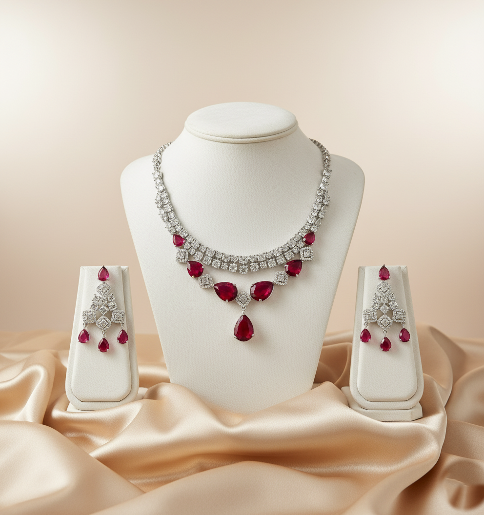 White Finish Red Stone Layered Necklace Set
