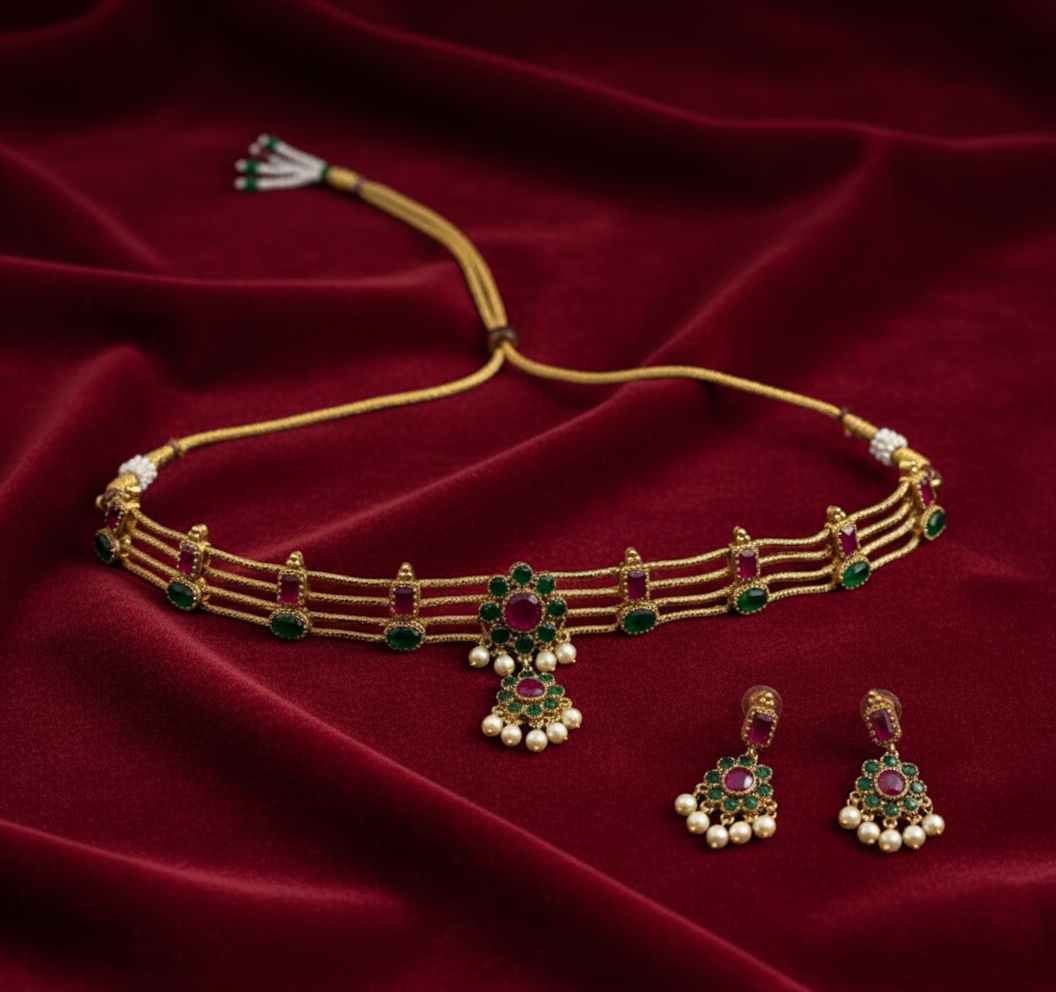 Tantaaz Multi-Color Gold Plated Choker Necklace Set (Kerala Style)